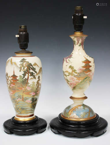 A Japanese Satsuma earthenware table lamp base, early 20th century, the urn shaped body painted