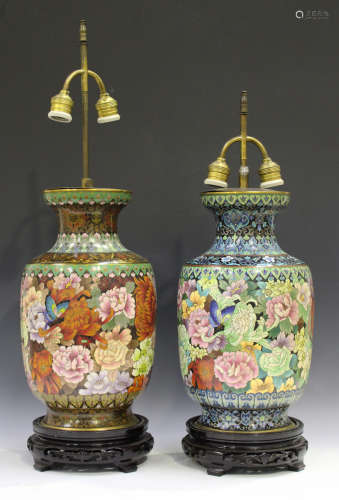 Two Chinese cloisonné vases, late 20th century, each body of swollen cylindrical form beneath a