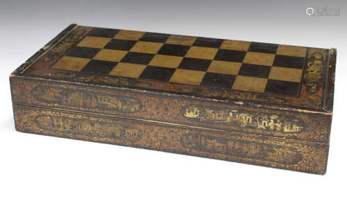 A Chinese Canton export lacquer folding games board, mid-19th century, the chess board exterior with