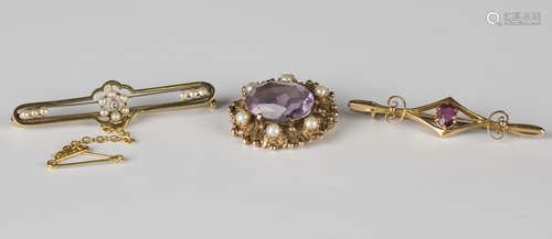 A gold, diamond and seed pearl bar brooch, detailed '585', fitted with a safety chain, width 2.