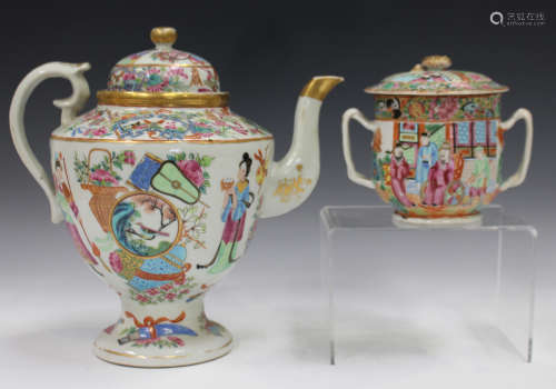 A Chinese Canton famille rose porcelain teapot and cover, mid-19th century, painted with figures and