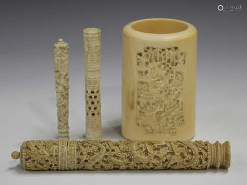 A Chinese Canton export ivory cylindrical needle case and cover, mid to late 19th century, carved in