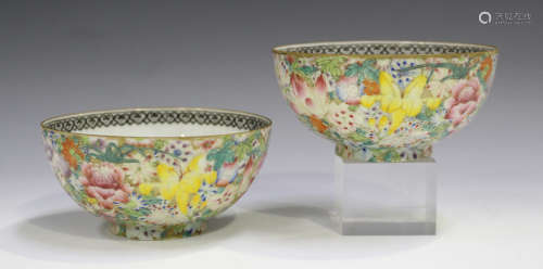 A pair of Chinese famille rose eggshell porcelain bowls, mark of Qianlong but probably Republic