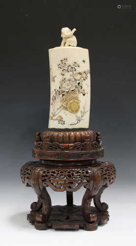 A Japanese Shibayama inlaid ivory tusk vase, cover and wood stand, Meiji period, the tusk finely