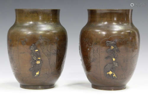 A pair of Japanese brown patinated bronze vases, Meiji period, each of swollen ovoid form, decorated