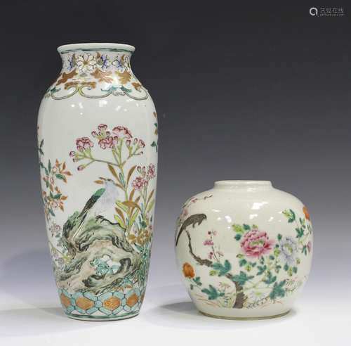 A Chinese famille rose porcelain ginger jar, late 19th century, painted with a magpie and blossoming