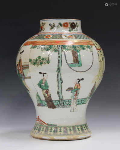 A Chinese famille verte porcelain vase, Transitional style but late Qing dynasty, of baluster