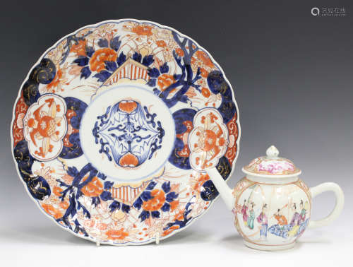 A Chinese famille rose export porcelain teapot and cover, Qianlong period, the globular body painted