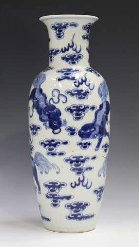 A Chinese blue and white porcelain vase, mark of Kangxi but late 19th century, the shouldered