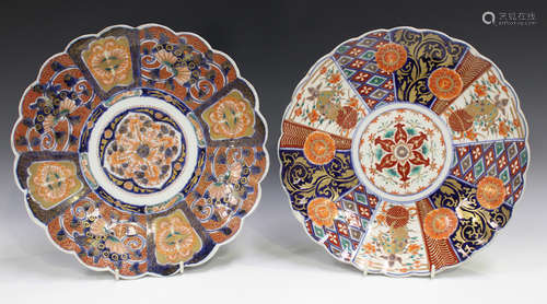 Two Japanese Imari porcelain circular dishes, Meiji period, one with panels of moths and butterflies