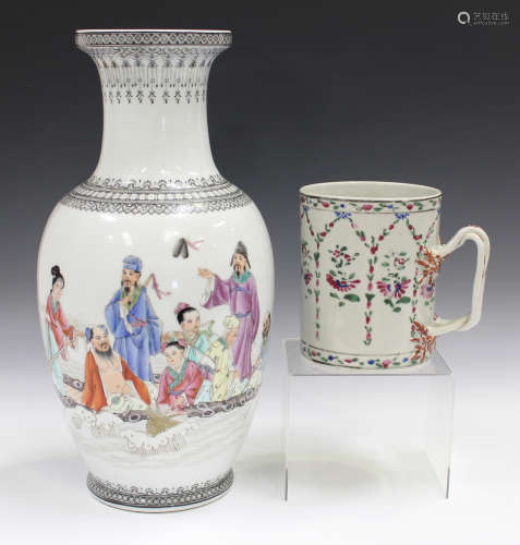 A Chinese famille rose export porcelain cylindrical tankard, late Qianlong period, painted with