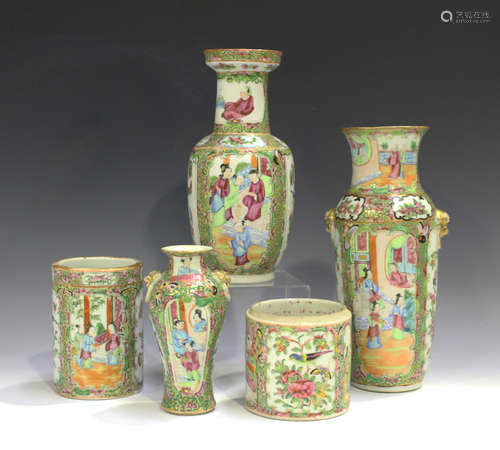 A Chinese Canton famille rose porcelain vase, mid to late 19th century, of slender baluster form