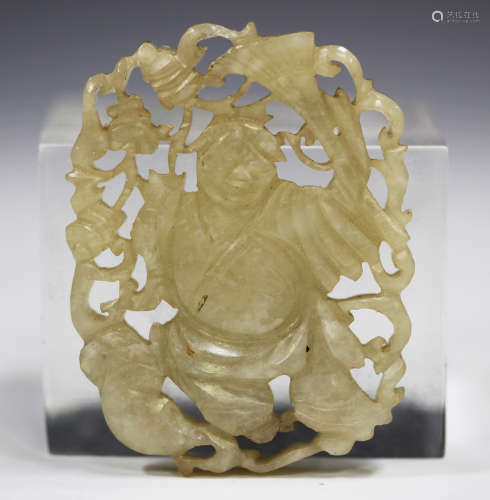 A Chinese pale celadon jade pendant, probably late Qing dynasty, carved and pierced to each side