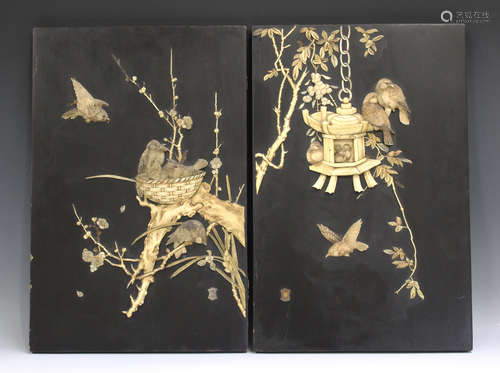 A pair of Japanese inlaid lacquer rectangular panels, early 20th century, each inlaid with carved