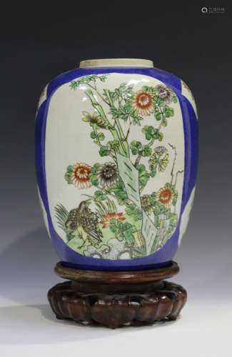 A Chinese famille verte and powder blue ground porcelain vase, late 19th century, of ovoid form,