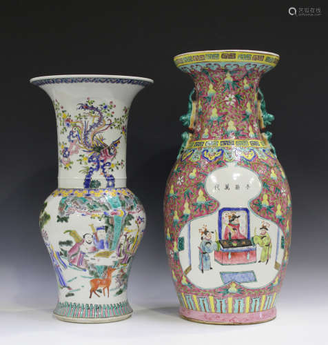 Two Chinese famille rose porcelain vases, modern, each painted with figural scenes, heights 46cm and