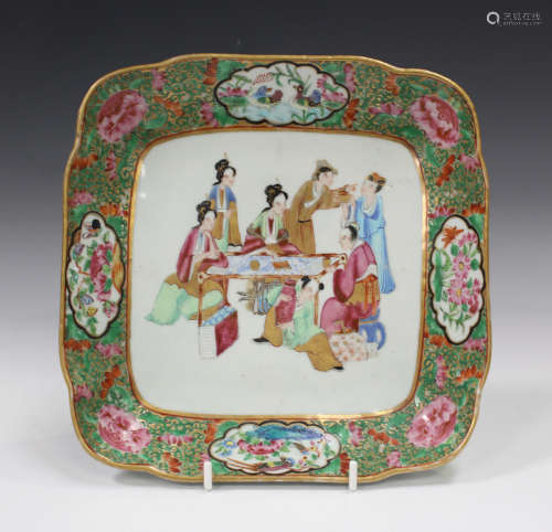 A Chinese Canton famille rose square porcelain dish, mid-19th century, painted with a central