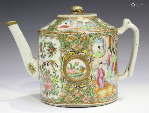 A Chinese Canton famille rose porcelain cylindrical teapot and cover, mid-19th century, painted with