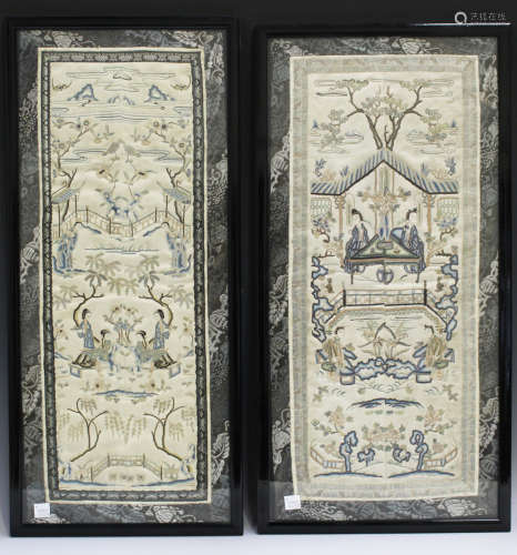 Two pairs of Chinese silk embroidered sleeve panels, early 20th century, each worked in coloured
