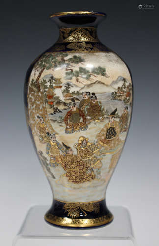 A Japanese Satsuma earthenware vase by Hattori, Meiji period, of baluster form, the body painted and