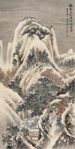 丁亥（1947）年作 尤小云 1913～1964 山楼雪霁图 立轴 设色纸本