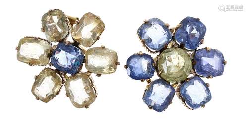 Pair of gold 'Night & Day' yellow and blue sapphire stone set earrings, Omega clip and post backs,