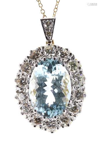 Good 18ct aquamarine and diamond oval pendant, the aquamarine 5.80ct, in a white metal setting of