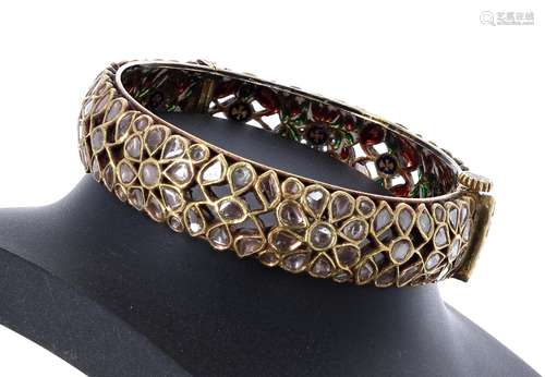 Yellow metal enamelled and diamond set bangle, 63.7gm, 68mm diameter (138054-2-A)