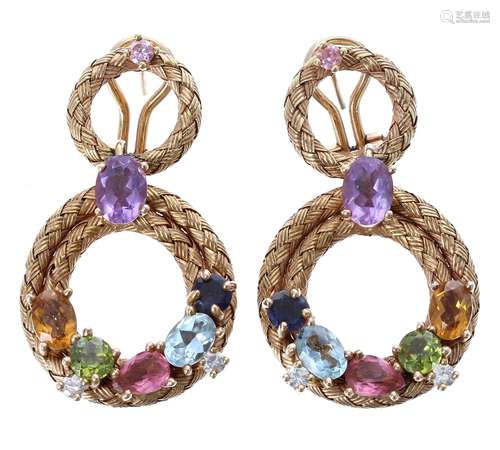 Pair of 18ct multi gem set set earrings to include amethyst, peridot, morganite, blue topaz, citrine