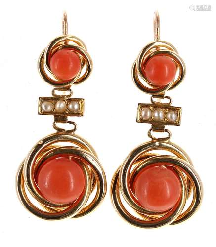 Pair of French 18ct coral and seed pearl drop earrings, hook backs, 8gm, drop 42mm