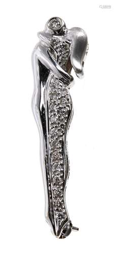 Modern 18ct white gold diamond set brooch, modelled as an embracing couple, 4.1gm, 32mm