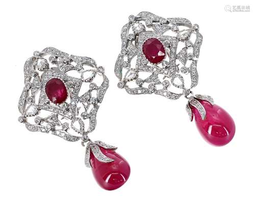 Attractive pair of white gold diamond and ruby earrings, 10.2gm, 50mm (at fault) (557197-3-A)