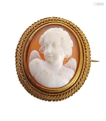 Antique oval shell cameo brooch, carved in high relief with a winged putti set within a high grade