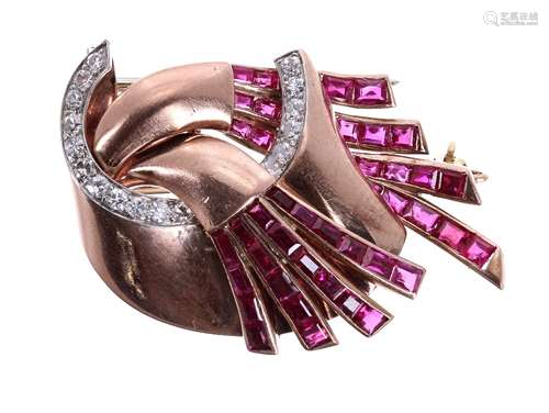 1940/50s gold ruby and diamond spray brooch, set with calibrated rubies and graduated round