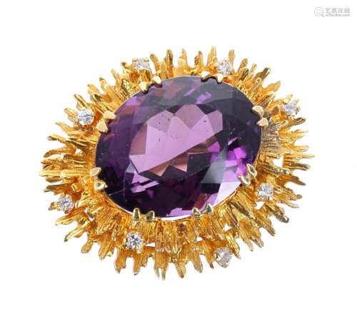Ornate amethyst and diamond brooch in a 9ct yellow gold oval mount, 13.9gm, 34mm x 28mm