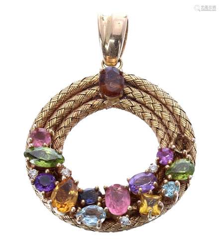 18ct multi gem set circular coiled openwork pendant, to include amethyst, peridot, morganite, blue