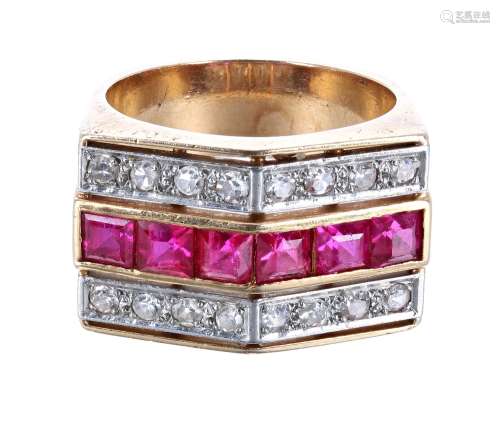 1940s 18ct ruby and diamond cocktail ring, with a central band of six princess-cut rubies and two