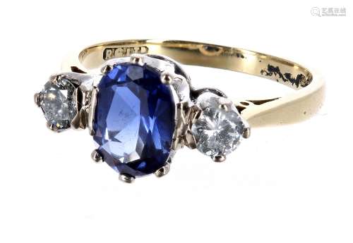 Attractive 18ct sapphire and diamond three stone ring, the oval sapphire of a nice rich blue