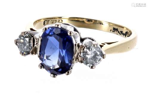 Attractive 18ct sapphire and diamond three stone ring, the oval sapphire of a nice rich blue