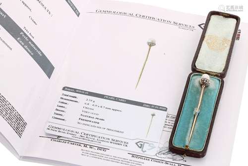 Natural freshwater pearl and rose-cut diamond stickpin, the pearl 6.8-6.9mm x 8.7mm, colour cream,