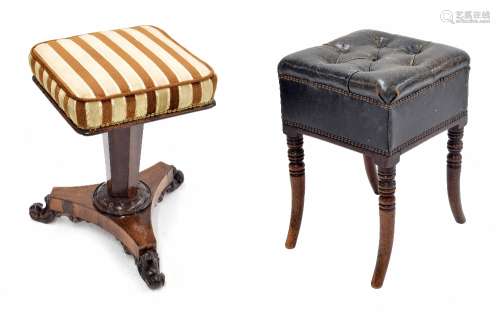 Victorian rosewood revolving piano stool, the brass studded beadwork velvet striped seat upon an