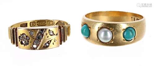 Victorian 18ct turquoise and pearl set three stone ring, width 7mm, 5.2gm, ring size M; together