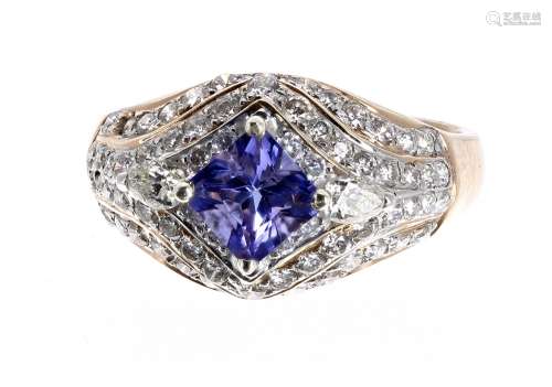 Attractive tanzanite and diamond cluster ring, 0.50ct princess-cut tanzanite of good colour,