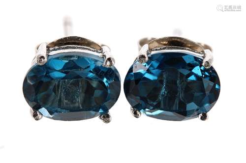 Pair of London blue topaz oval silver ear studs, 8mm x 6mm