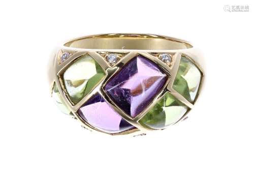 18ct diamond, amethyst and peridot set band ring, 9gm, width 12mm, ring size M/N (403304-2-A)