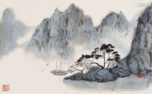 庚午（1990）年作 张召京 b.1960 湖光山色 镜片 设色纸本