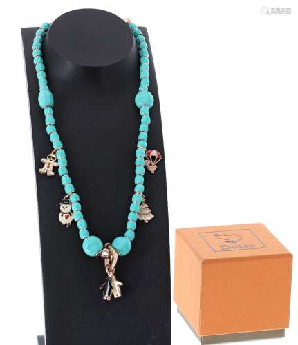 DoDo turquoise coloured stone set 18ct charm necklet, with six charms, 28.3gm, 15