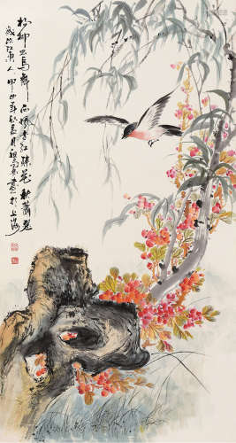 甲申（2004）年作 祖局林 b.1964 杨柳鸟飞舞 镜片 设色纸本