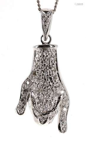18ct white gold diamond set pendant in the form of a panther, on a slender curb chain, 0.25ct