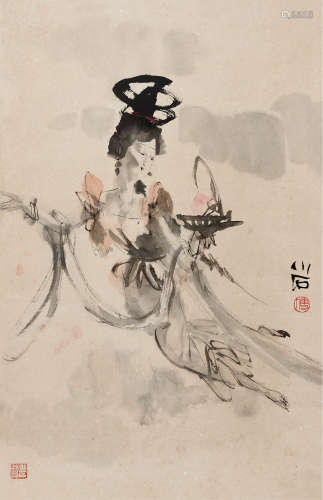 傅小石 b.1932 荷花仕女图 立轴 设色纸本